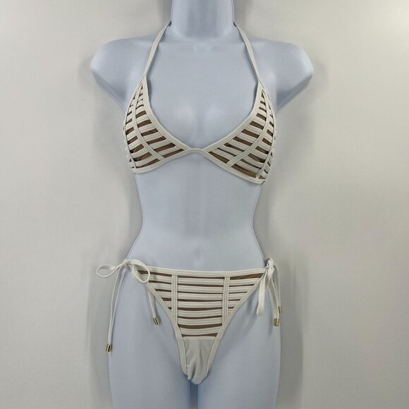 Beach Bunny Hard Summer White Bikini Set XL Strappy Cutout Tie Side Cheeky Swim - Picture 1 of 14